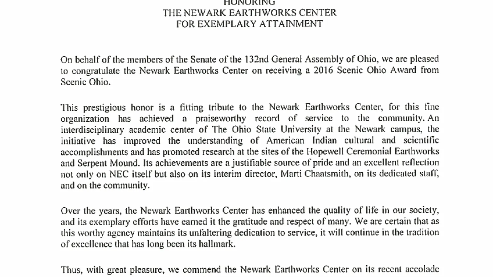 Letter of Commendation from State of Ohio Senate