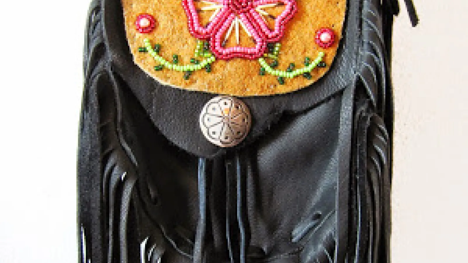 Black beaded back with yellow and pink details