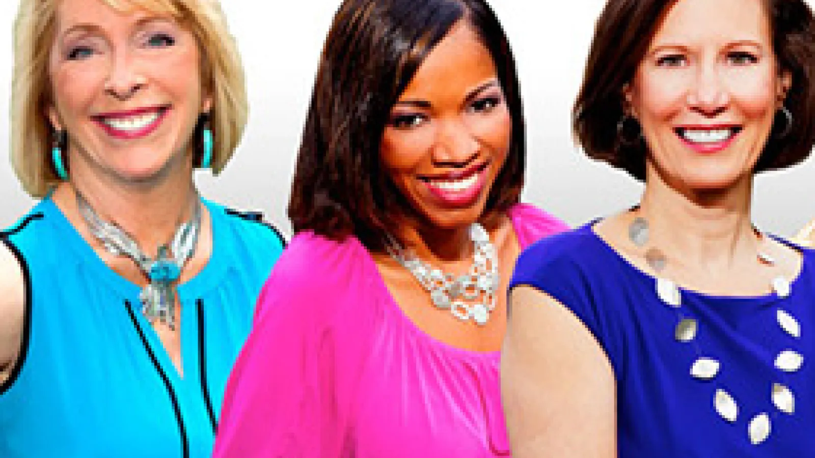 Three women smiling and looking at the camera against a white background