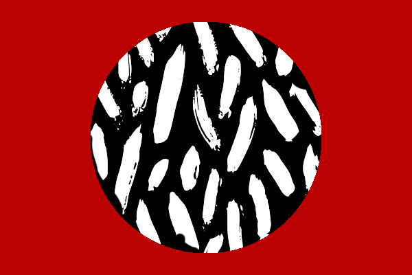 A red rectangle with a circle in the middle of it- the circle is black with white brush strokes scattered throughout. 