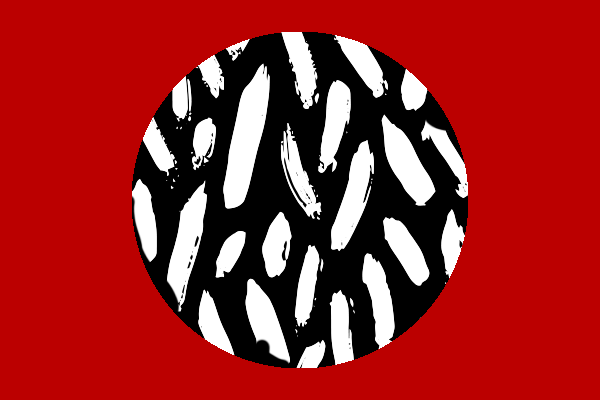 A red rectangle with a circle in the middle of it- the circle is black with white brush strokes scattered throughout.